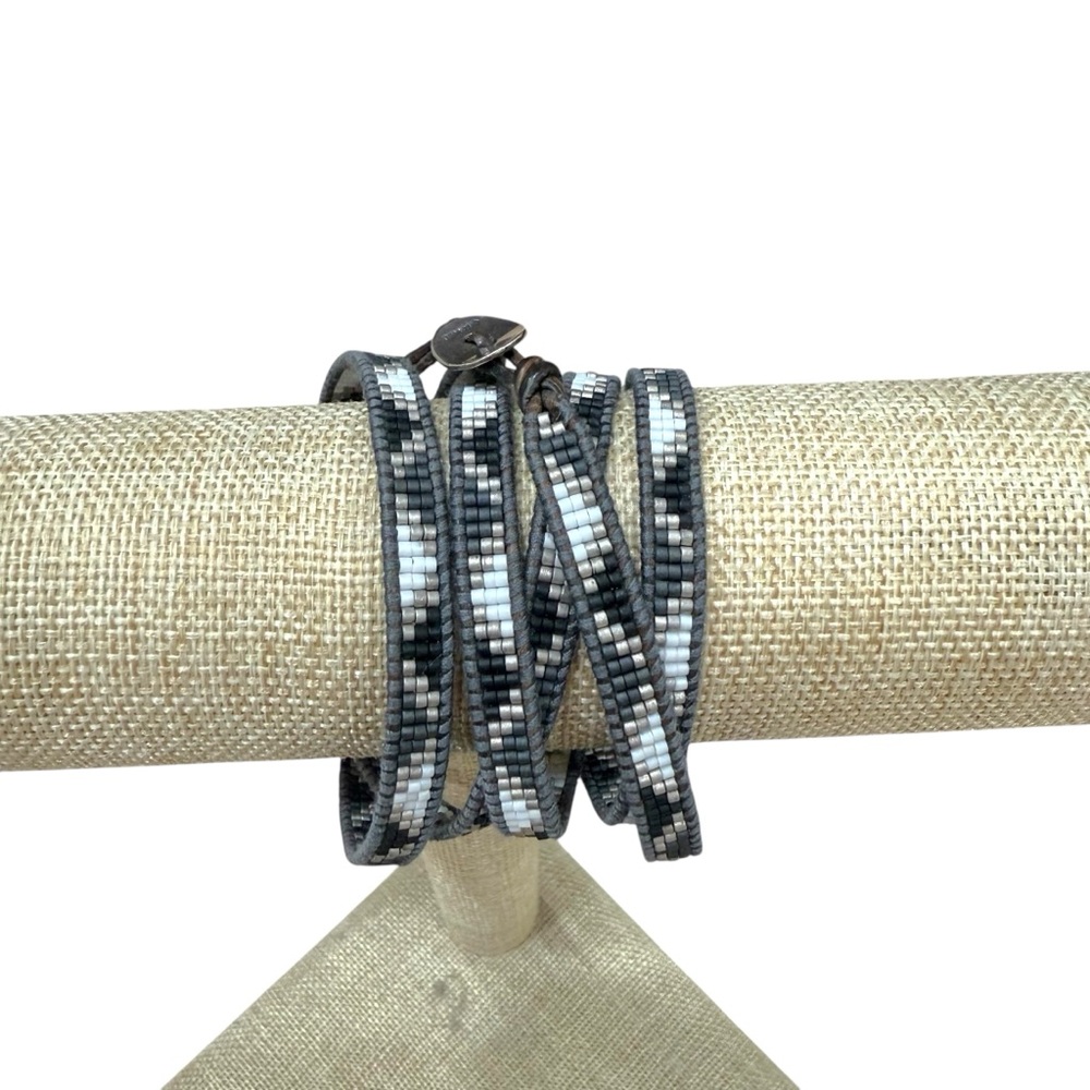 Chan Luu Leather + Bead 5-Wrap Bracelet Black, Gray, and White / Sterling Silver